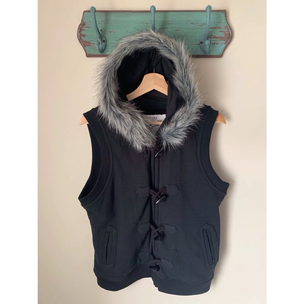 Sonoma Black Faux Fur Collared Fleece Lined Vest